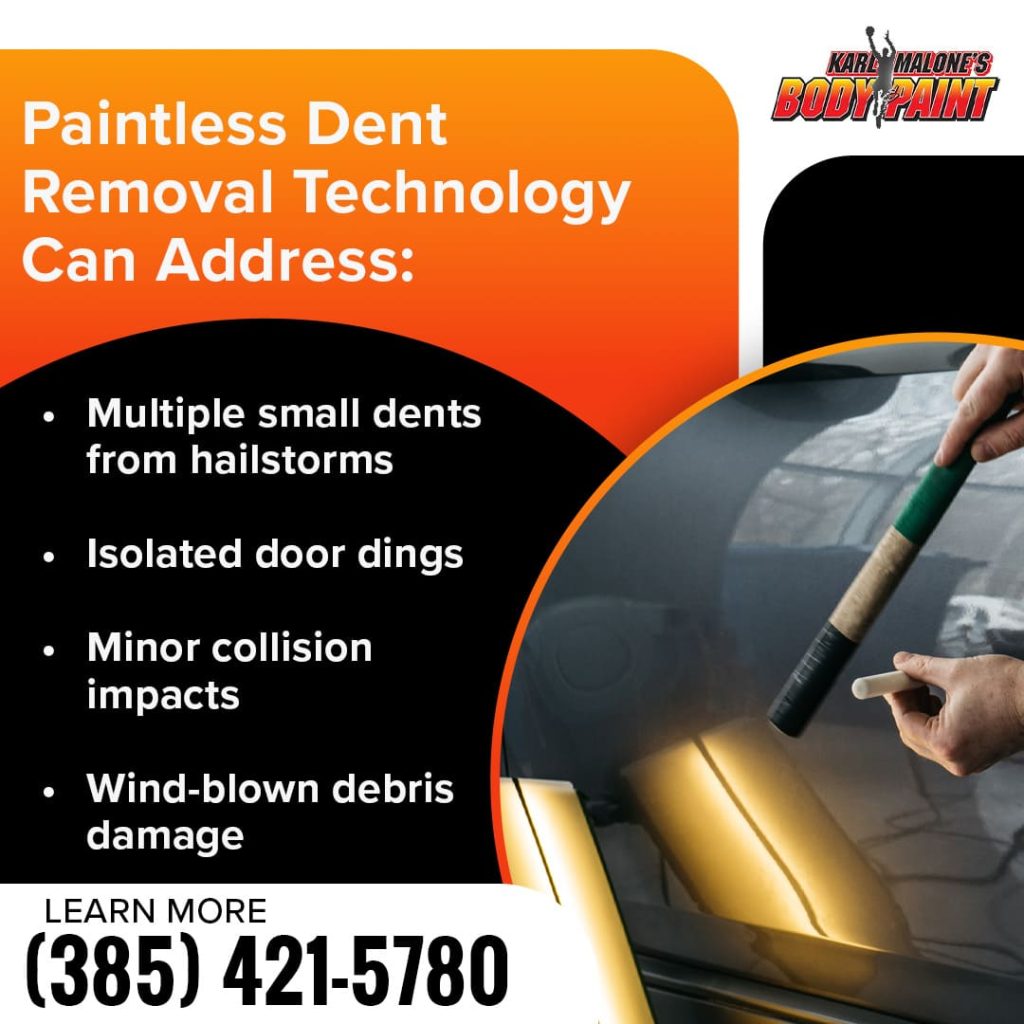 Close-up of a technician performing paintless dent removal (PDR) on a car door, illuminated to show the process for fixing hail damage, door dings, and minor impacts."