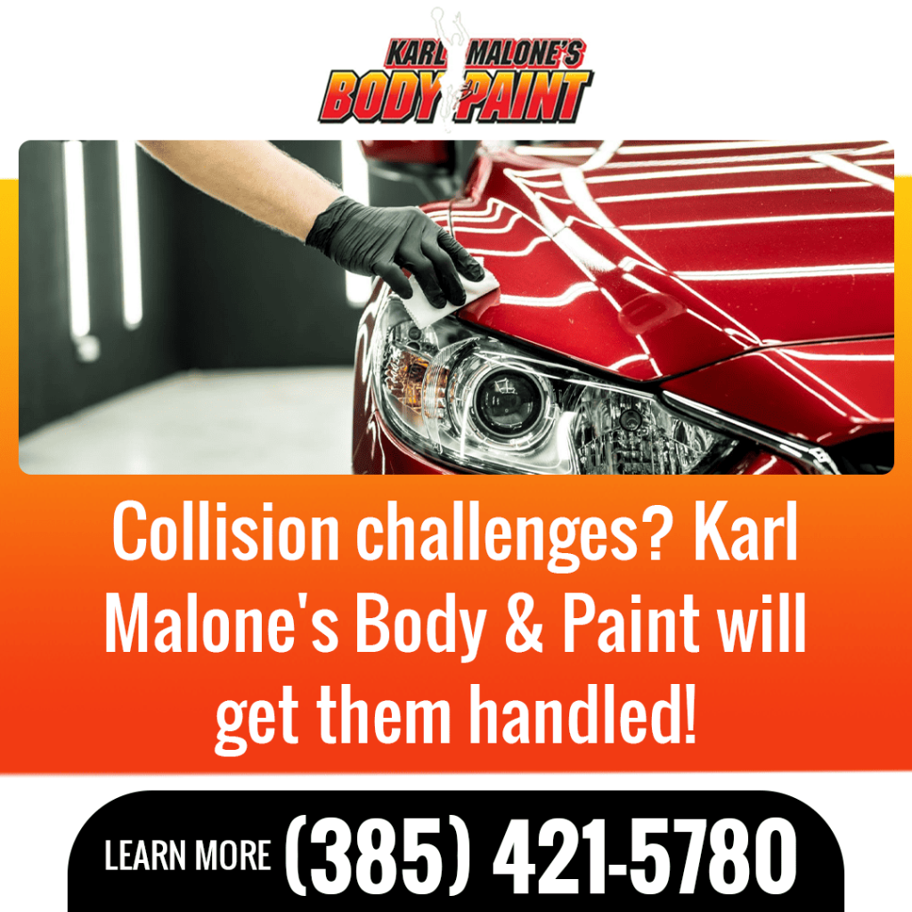 A technician inspecting a red car after a collision, highlighting Karl Malone's Body & Paint's ability to handle collision challenges.