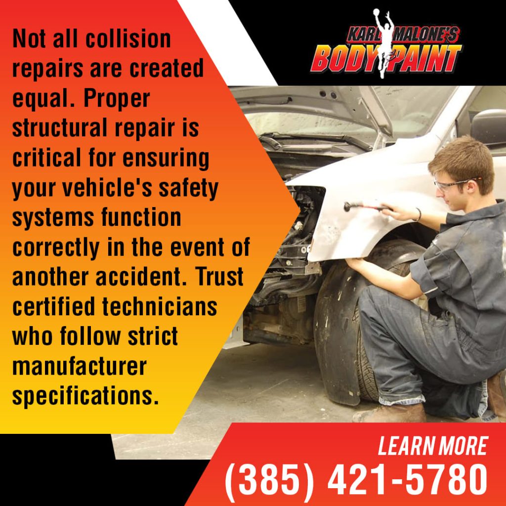 A certified technician at Karl Malone's Body & Paint works on the front fender of a car to ensure proper structural repair and safety system function.