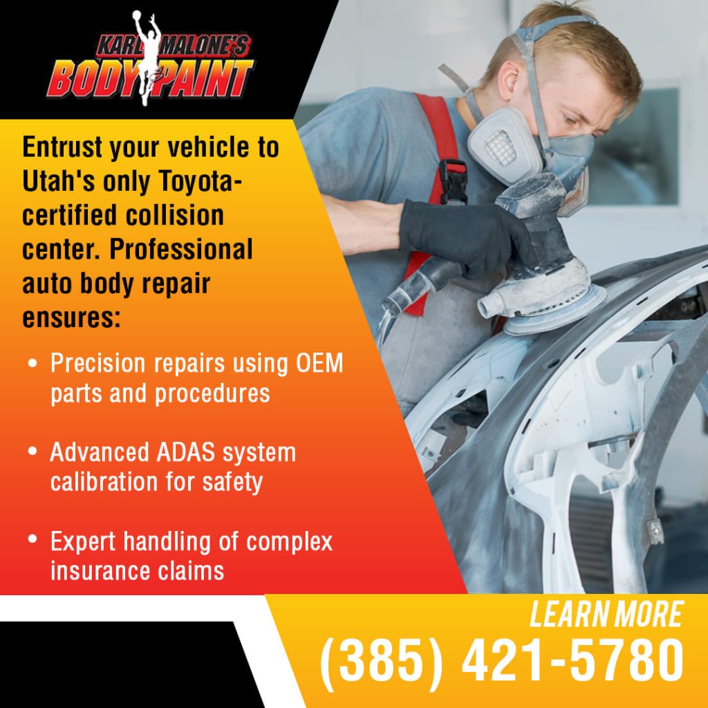 A Toyota-certified collision repair technician at Karl Malone's Body & Paint sands a vehicle, ensuring precision repairs with OEM parts and advanced ADAS system calibration.