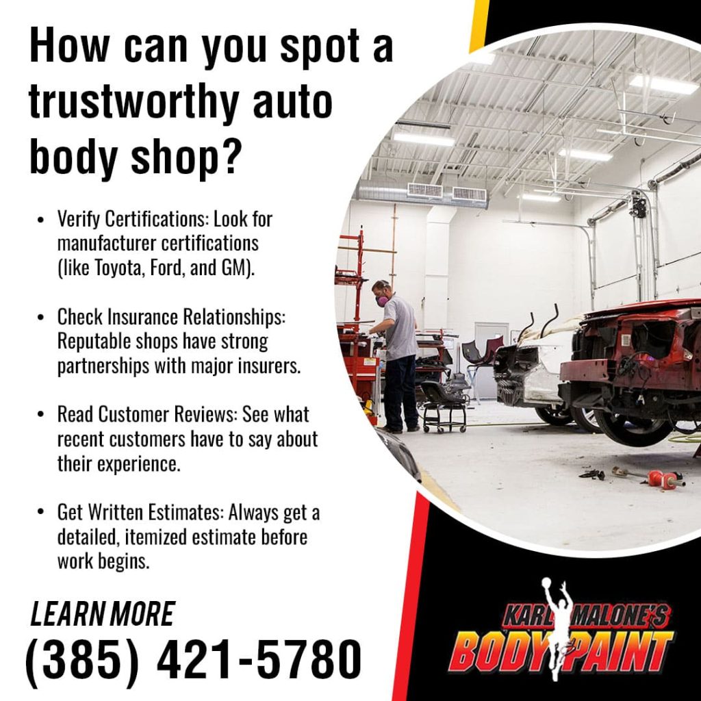 An interior view of a clean auto body shop, highlighting the importance of choosing a trustworthy repair center. The image lists key tips, including checking for manufacturer certifications from brands like Toyota, Ford, and GM.