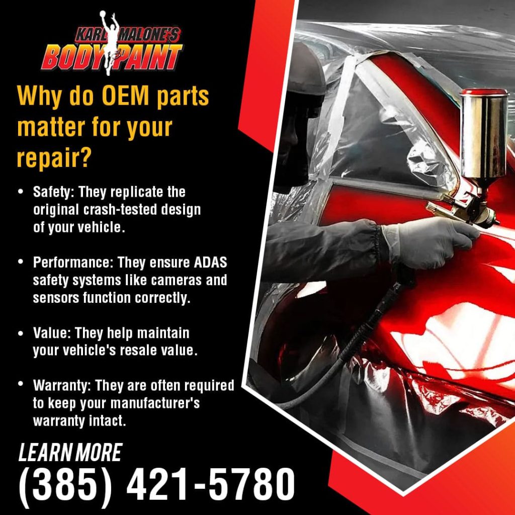 An auto body technician sprays red paint on a car in a paint booth. The image explains why using OEM (Original Equipment Manufacturer) parts is crucial for a vehicle's safety, performance, resale value, and maintaining the manufacturer's warranty.