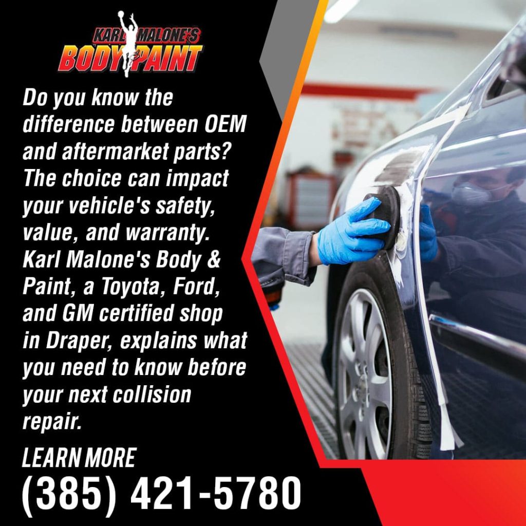 A technician polishes the side of a blue car. The ad discusses the critical difference between OEM and aftermarket parts for collision repair and how the choice impacts a vehicle's safety, value, and warranty.