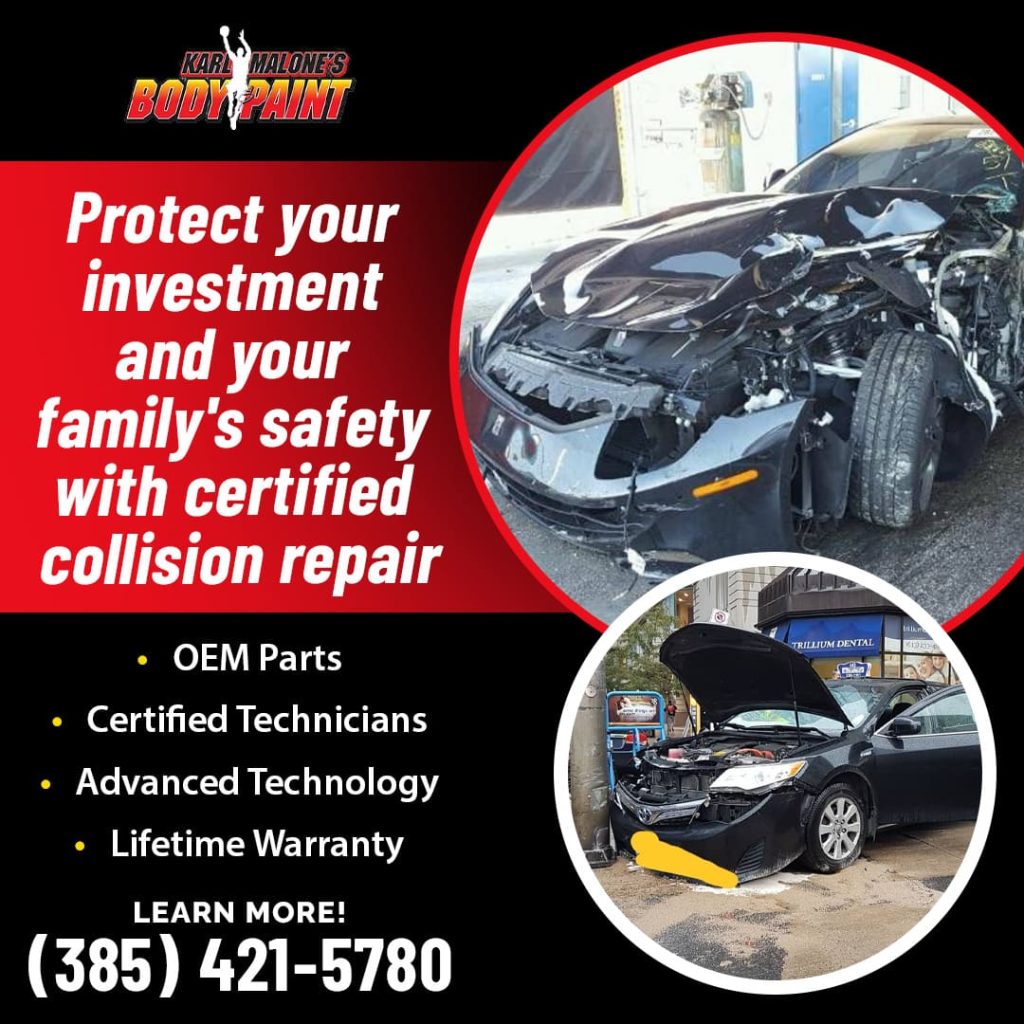 Close-up of a severely damaged black car, advertising certified collision repair with OEM parts and advanced technology for safety.