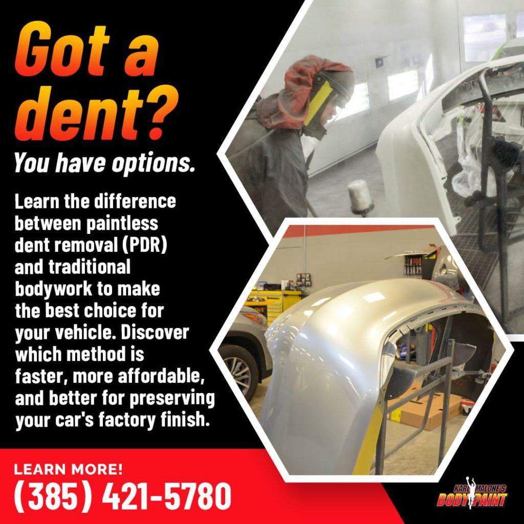 Technician in a paint booth preparing a vehicle panel, comparing Paintless Dent Removal (PDR) for minor dents with traditional bodywork and painting.