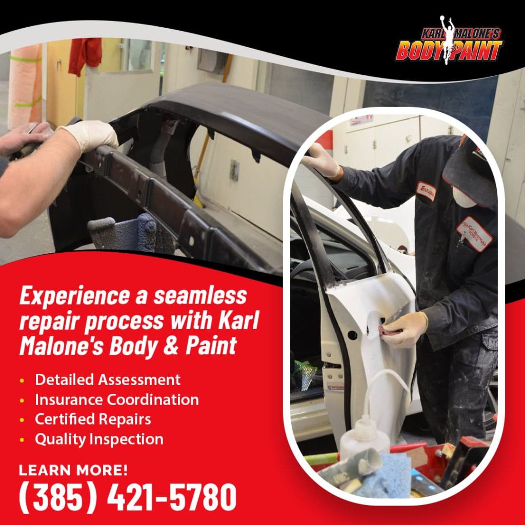 Auto body technician in a clean shop applying putty or filler to a car door, emphasizing a seamless repair process, insurance coordination, and quality inspection.