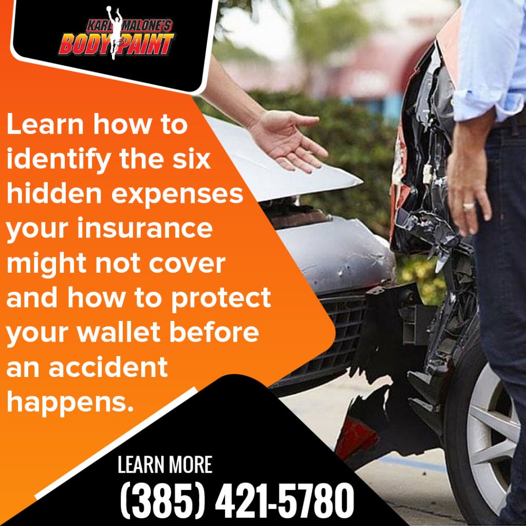 Driver inspecting front-end damage after a car accident before collision repair at Karl Malone’s Body & Paint in Draper, Utah