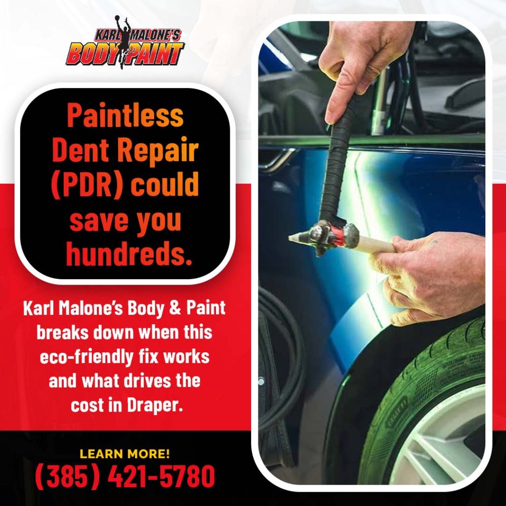 Technician performing paintless dent repair on car panel in Draper Utah to remove dents without repainting