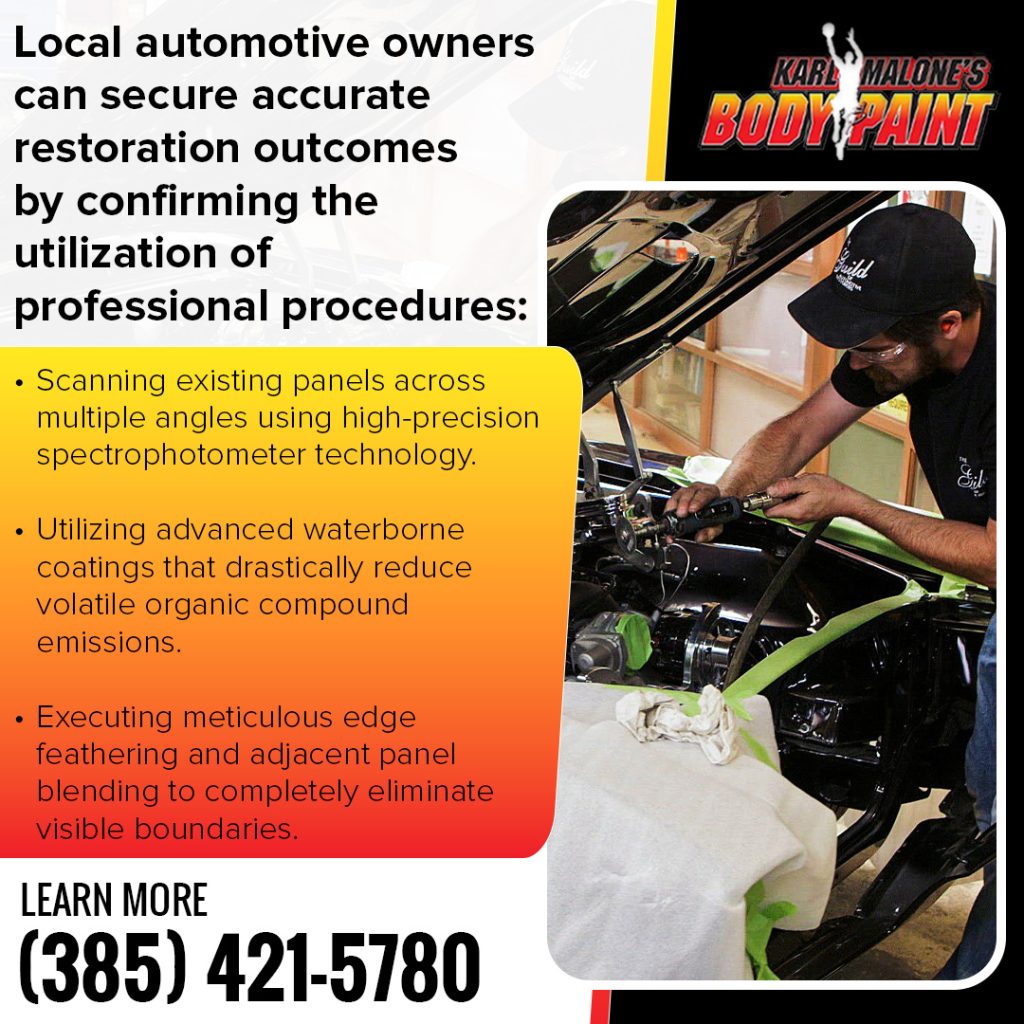 Informational graphic from Karl Malone's Body & Paint detailing professional procedures for accurate automotive restoration. The steps list scanning panels with high-precision spectrophotometer technology, utilizing eco-friendly waterborne coatings to reduce volatile organic compound emissions, and executing edge feathering and adjacent panel blending to eliminate visible boundaries. Features a photo of a mechanic in a black cap and protective glasses working on a car engine bay assembly. Includes the phone number (385) 421-5780.