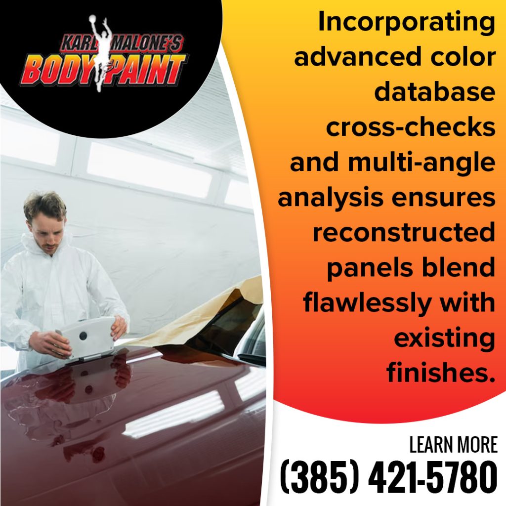 Marketing infographic from Karl Malone's Body & Paint explaining that incorporating an advanced color database cross-check and multi-angle analysis ensures reconstructed panels blend flawlessly with existing finishes. Features a photo of a technician in a white protective suit using a handheld electronic color-matching tool on the hood of a glossy maroon car inside a paint booth. Includes a phone number call to action: (385) 421-5780.